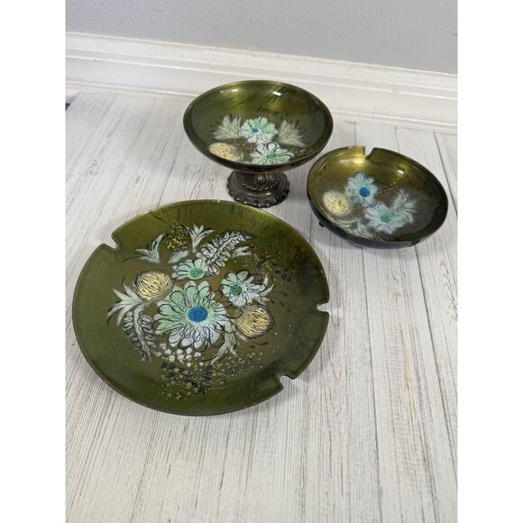 Vintage Sascha Brastoff MCM Enamel Copper Green Floral Plate Ashtray LOT 3 - Picture 13 of 16